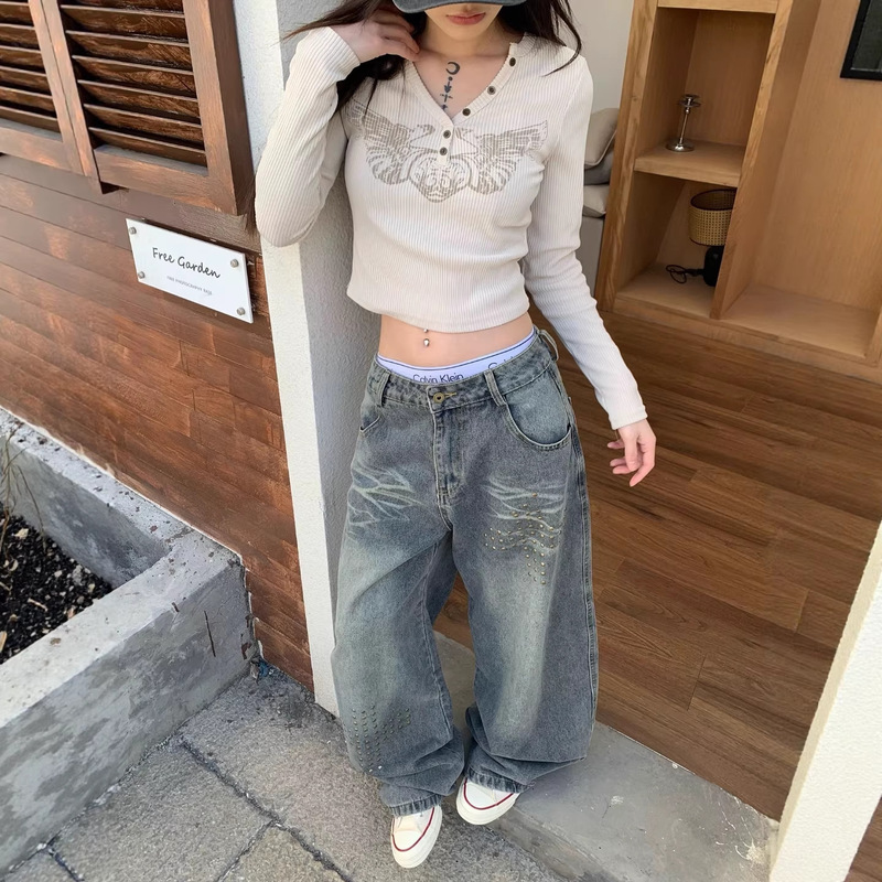 Trendy Denim Blue Rhinestone Cross Wide-Leg Work Jeans for Women and Men, Casual Pants, New High-Waisted Loose Fit for Spring and Autumn Trendy Denim Blue Rhinestone Cross Wide-Leg Work Jeans for Women and Men, Casual Pants, New High-Waisted Loose Fit for Spring and Autumn