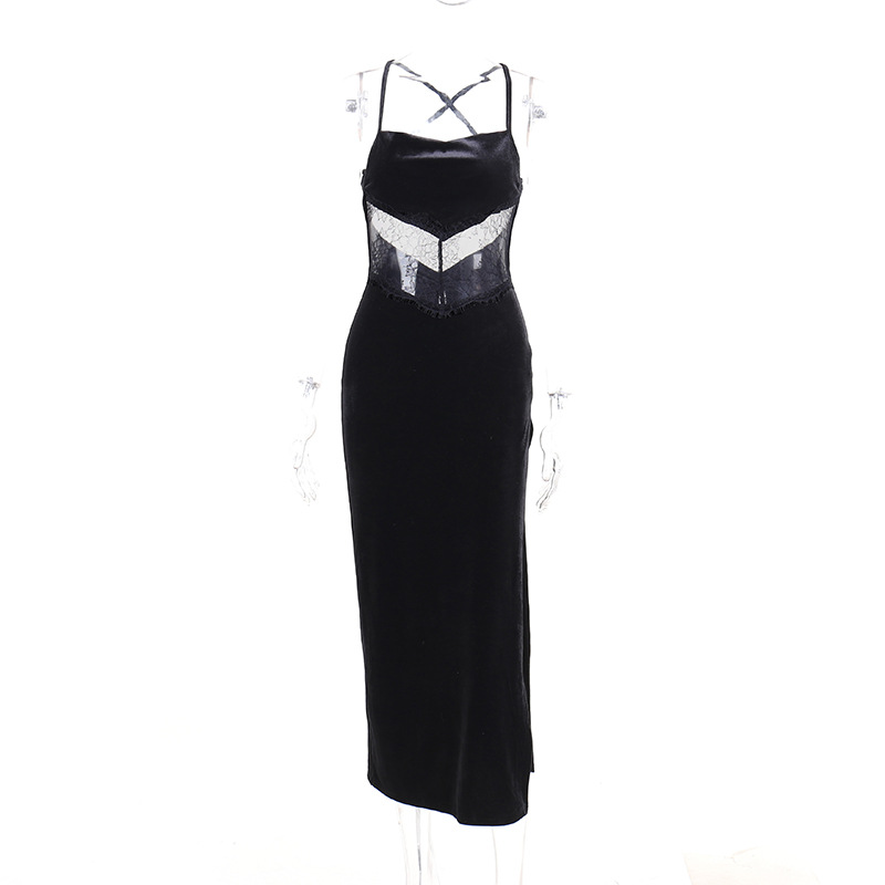 Women Autumn Summer Lace Sexy Backless Patchwork Slit Dress Women
