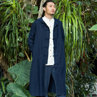 Mafan Cloth 2025 New Men's Treng Coat Chinese Style Ramie Loosen Mid-length Treng Coat with Buckle and Hood