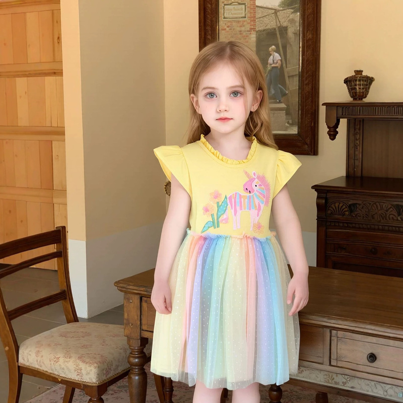Rainbow Color Girls Dress Summer Sleeveless Vest Dress Cross-Border European and American Unicorn Embroidered Skirt Children's Mesh Skirt