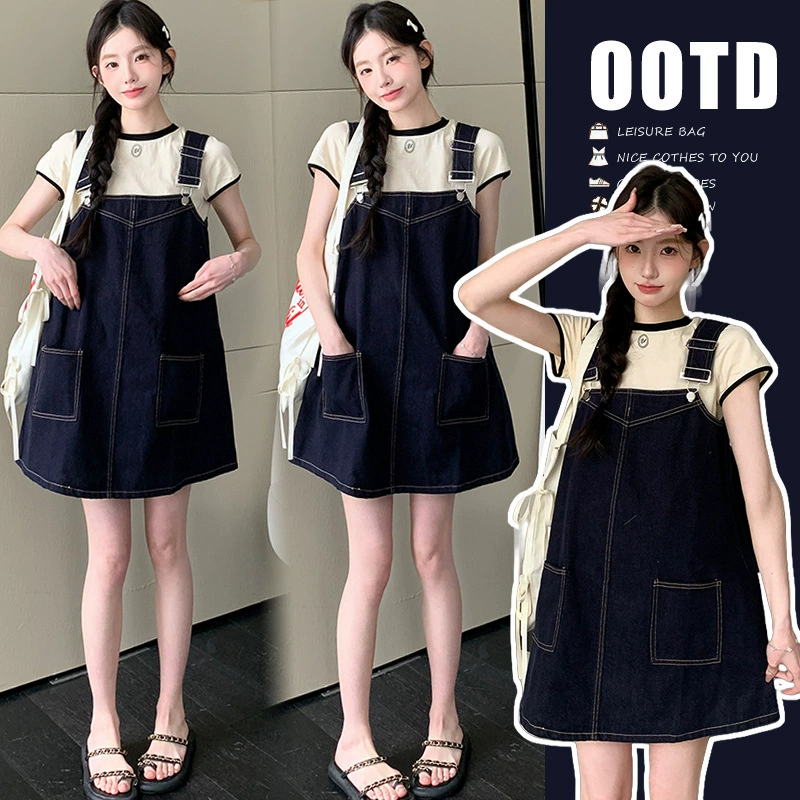 Новое летнее модное короткое джинсовое платье на подтяжках в стиле ретро, ​​футболка с короткими рукавами, комплект из двух предметов для миниатюрных беременных женщин