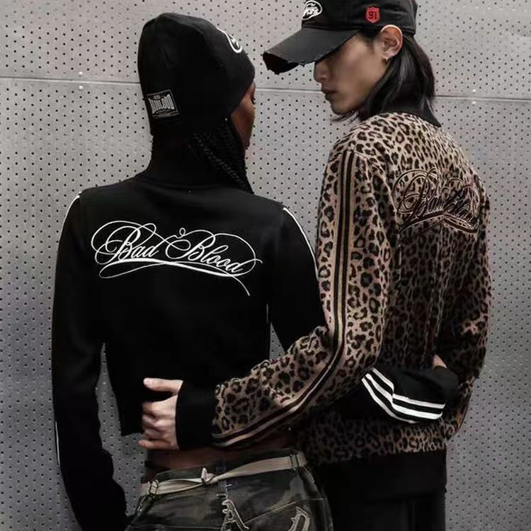 Badblood American Leopard Print Cardigan Zipper Stand Collar Sweater Men and Women Same Style Casual Knitted Embroidered Autumn and Winter Jacket