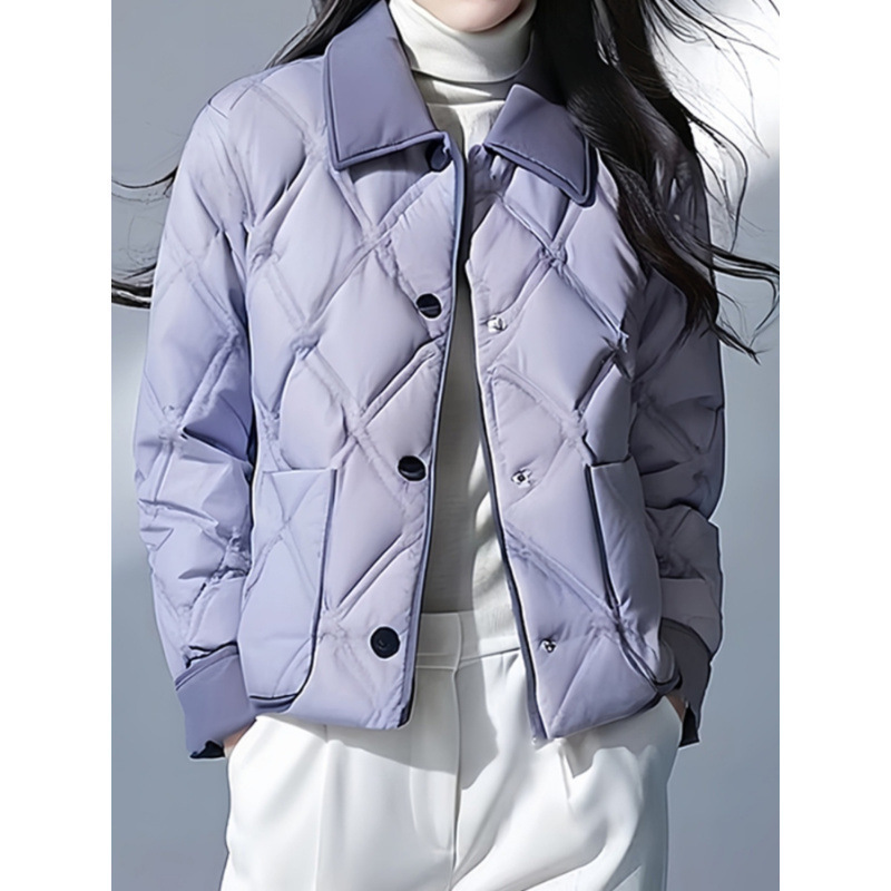 紫色翻领超好看菱格短款外套棉服女年新款冬季洋气小棉袄外套|undefined
