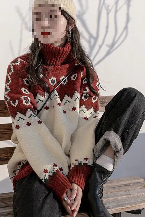Winter New Warm and Sweet Christmas Turtleneck Sweater for Students Korean Style Loose and Versatile Slimming Look Knitted Knitwear Jacket Trendy