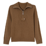 25年秋冬新款羊毛衫女翻领拉链绞花时尚毛衣宽松100%羊毛针织衫，女装针织衫/毛衣，妃慕昵服饰