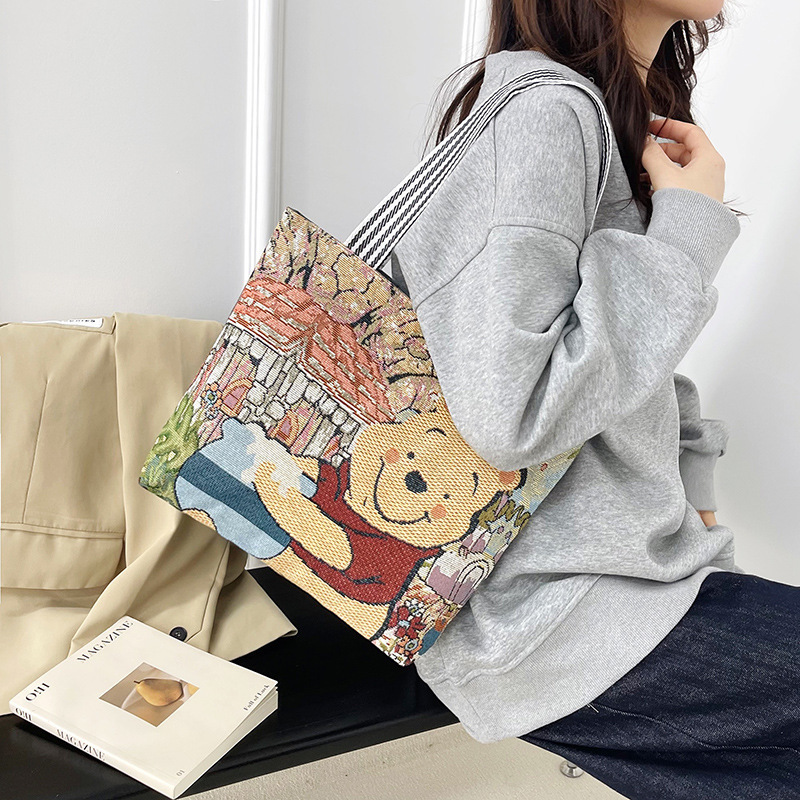 ミッキーベアウサギ刺繍キャンバスハンドバッグレディースハンドバッグカジュアルママハンドバッグオフィスワーカー小さなショルダーバッグ|undefined