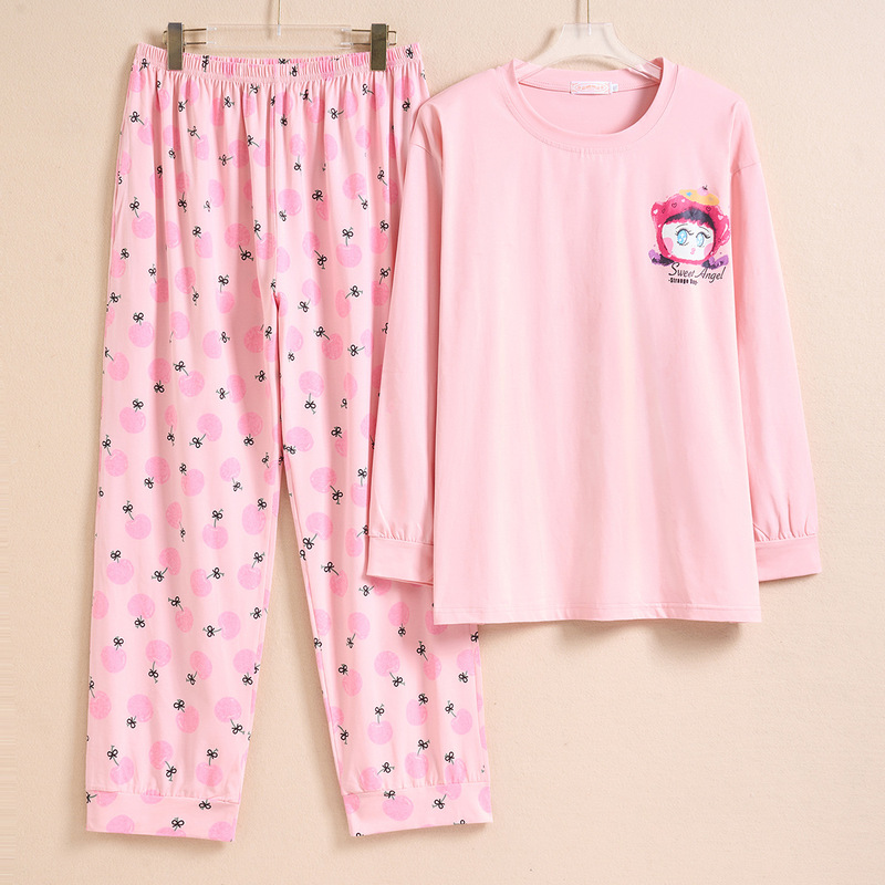 Spring and Autumn Women's Knitted Cotton Pajamas Plus Size New Long Sleeve Long Pants for Curvy Women 100kg Home Wear Set Dropshipping