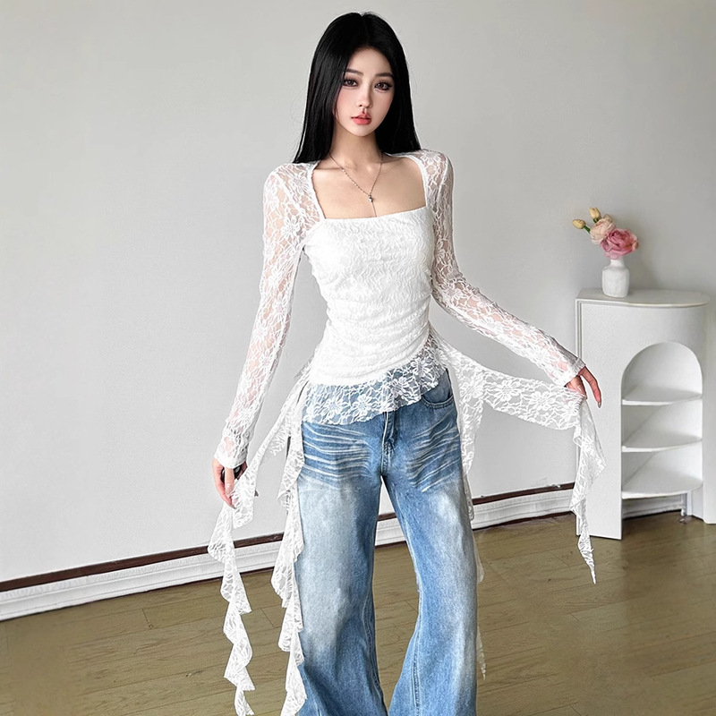 Pure Desire Spice Girl Style Perspective Lace Stitching Square Neck T-Shirt Women's Strap Slim Slim-Fit Irregular Top