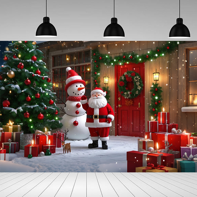 Nueva tela de fondo de Navidad 2025 La cortina de fondo de muñeco de nieve de madera marrón se utiliza para decorar pancartas navideñas navideñas