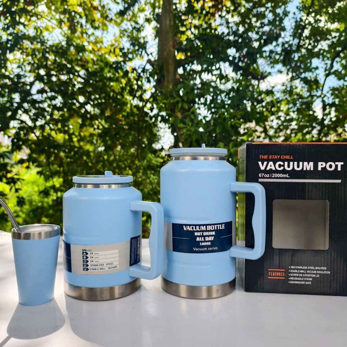 Nuevo estilo de gran capacidad con mango Toneladas Toneladas Toneladas Botellas deportivas de montañismo al aire libre Taza de vacío de acero inoxidable Taza de vacío