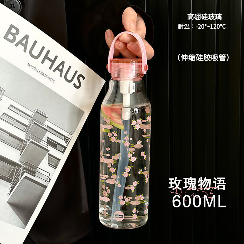 女士提手吸管杯便携带刻度水杯耐高温杯子家用咖啡杯高硼硅玻璃杯|undefined