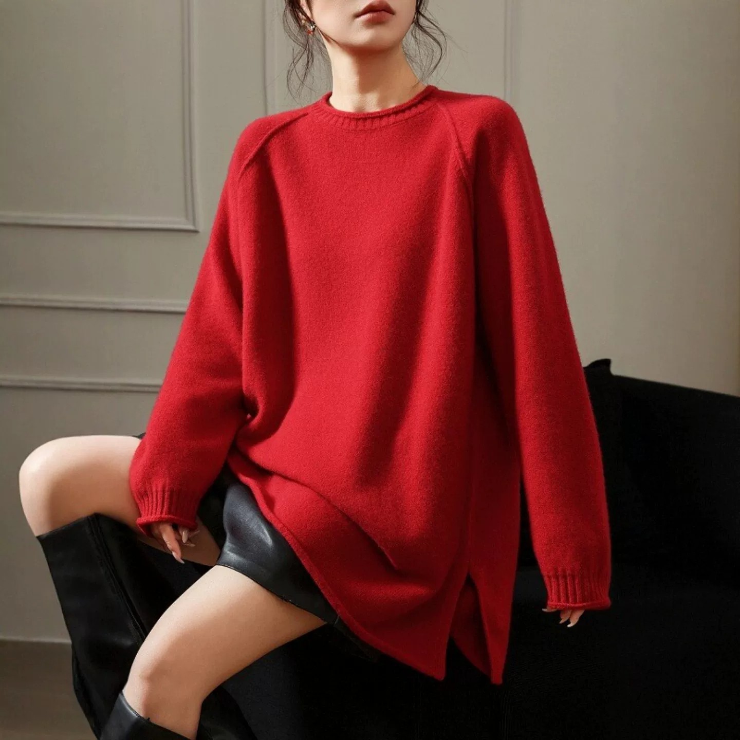 1. Korean-style relaxed round-neck knit sweater for women, oversized with side slits, wool sweater for autumn and winter, slimming and mid-length