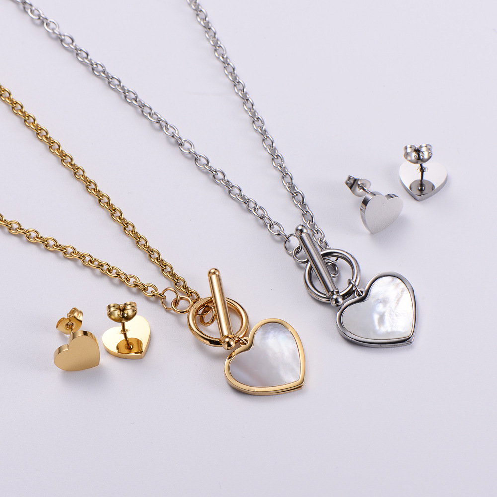 Fashion Simple TO Buckle Heart-Shaped Pendant Necklace Earrings Set