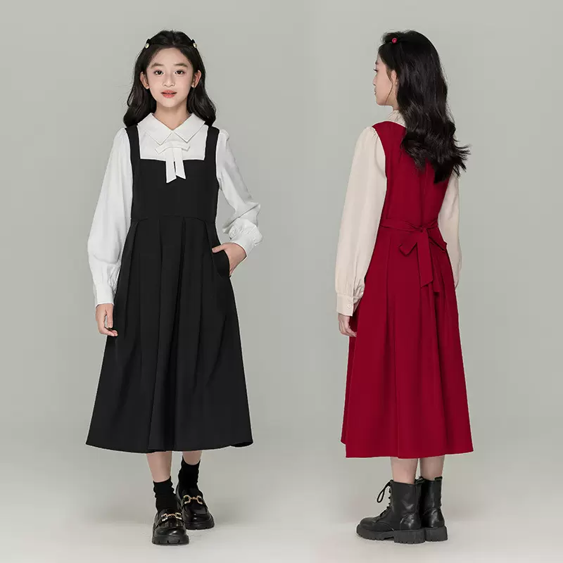 女童撞色连衣裙中大童假两件长袖裙子儿童春秋装学院风公主亲子装