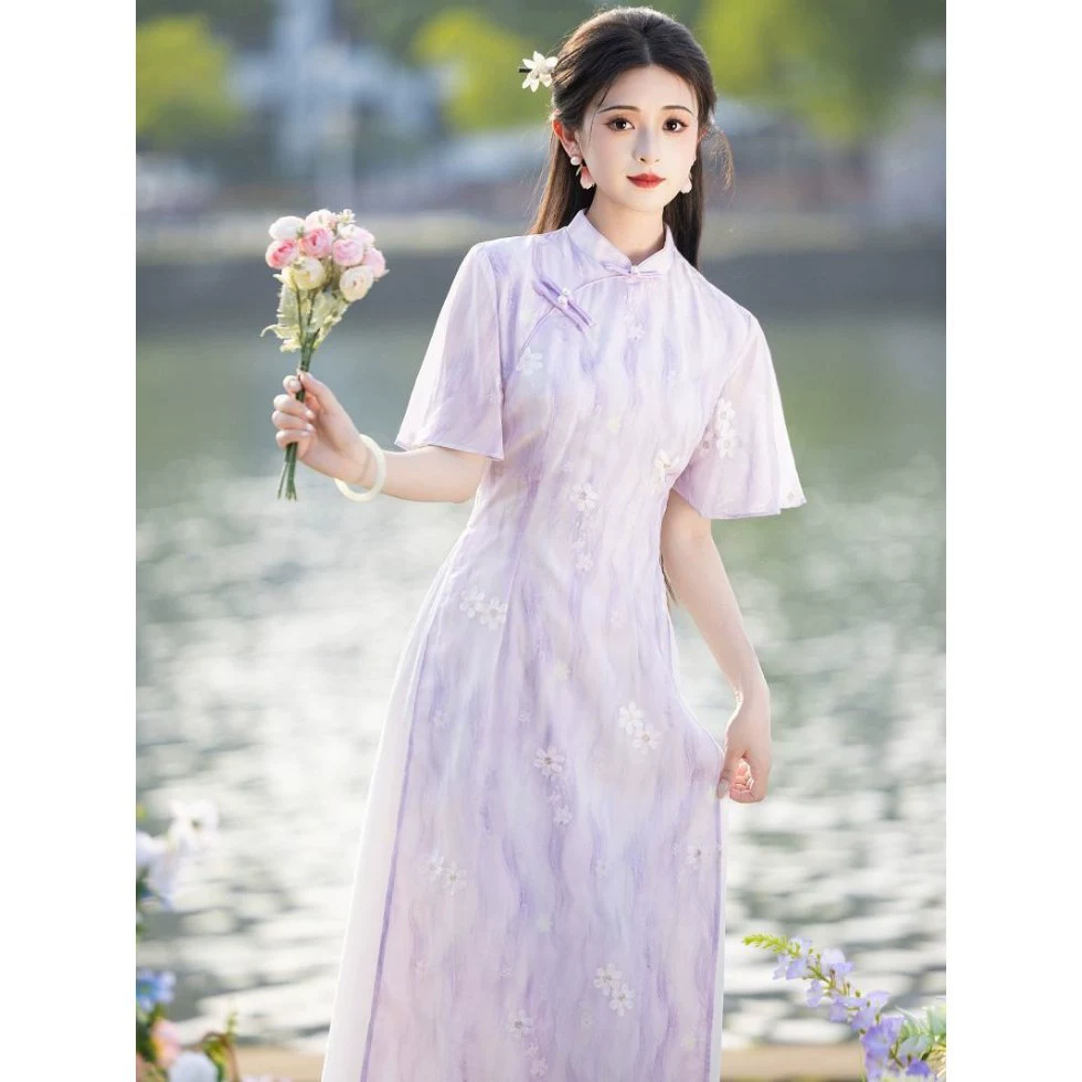 Свежее и элегантное платье Ao Dai Cheongsam 2025, новое летнее лавандовое улучшенное молодежное женское китайское платье