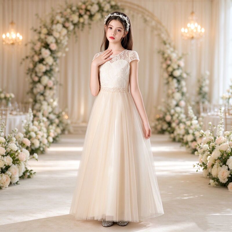 New Children's Dress French Lace Short-Sleeved Tulle Long Dress Elegant Stage Performance Costume New Children's Dress French Lace Short-Sleeved Tulle Long Dress Elegant Stage Performance Costume