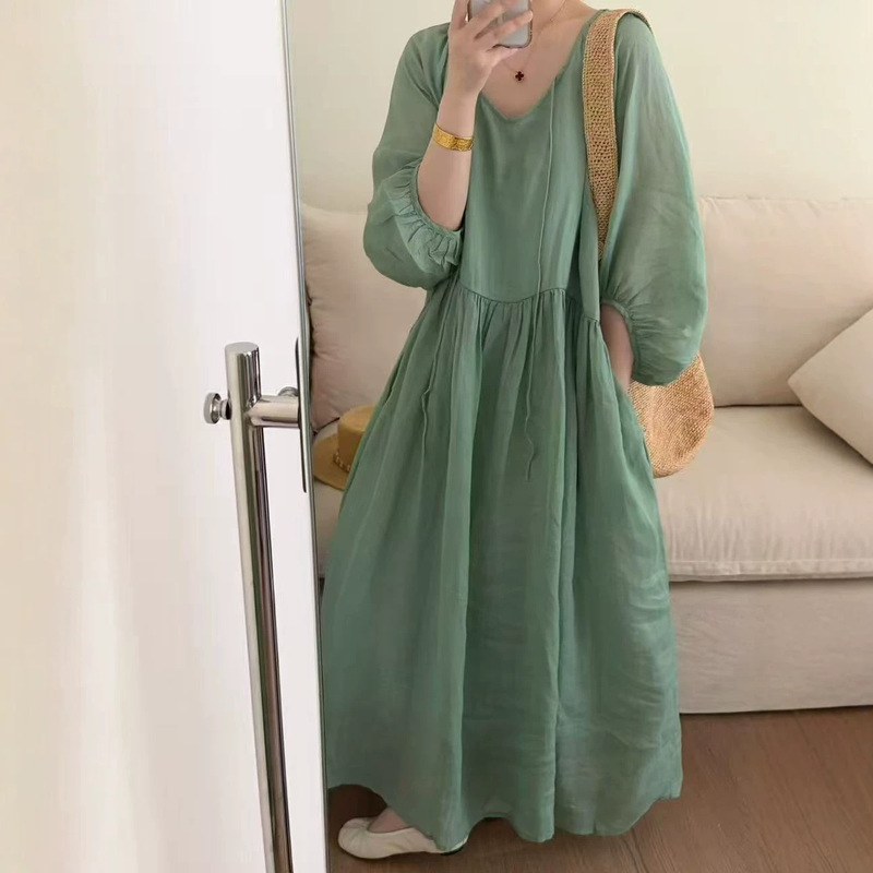Summer 100-Count Ramie Double-Layered Dress, Loose and Flowing, Solid Color, Large Hem, Long Dress, Three-Quarter Sleeves, Thin Babydoll Dress Summer 100-Count Ramie Double-Layered Dress, Loose and Flowing, Solid Color, Large Hem, Long Dress, Three-Quarter Sleeves, Thin Babydoll Dress