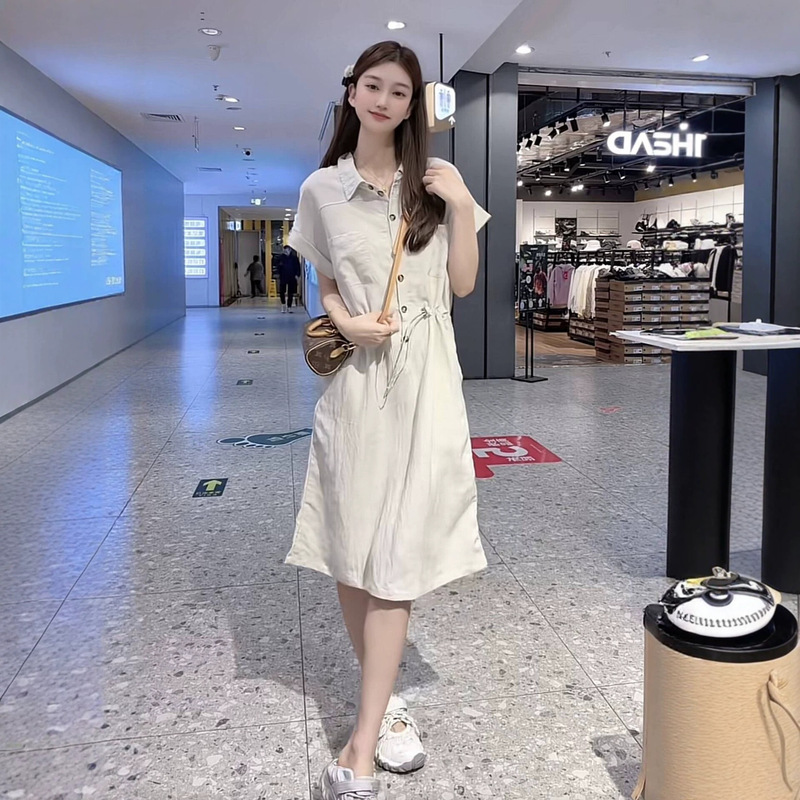 Popular Lyocell Linen Short-Sleeve Shirt Dress for Women 2026, Petite Casual Waist-Cinching Slimming Mid-Length Dress