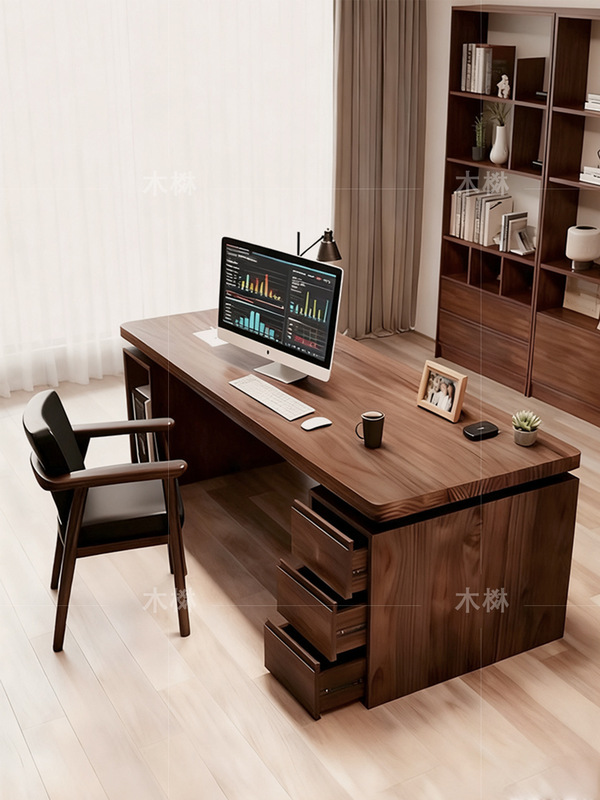 Solid Wood Computer Desk Desktop Home Walnut Table Log Large Board Table with Drawer Bookcase Office Desk Workbench