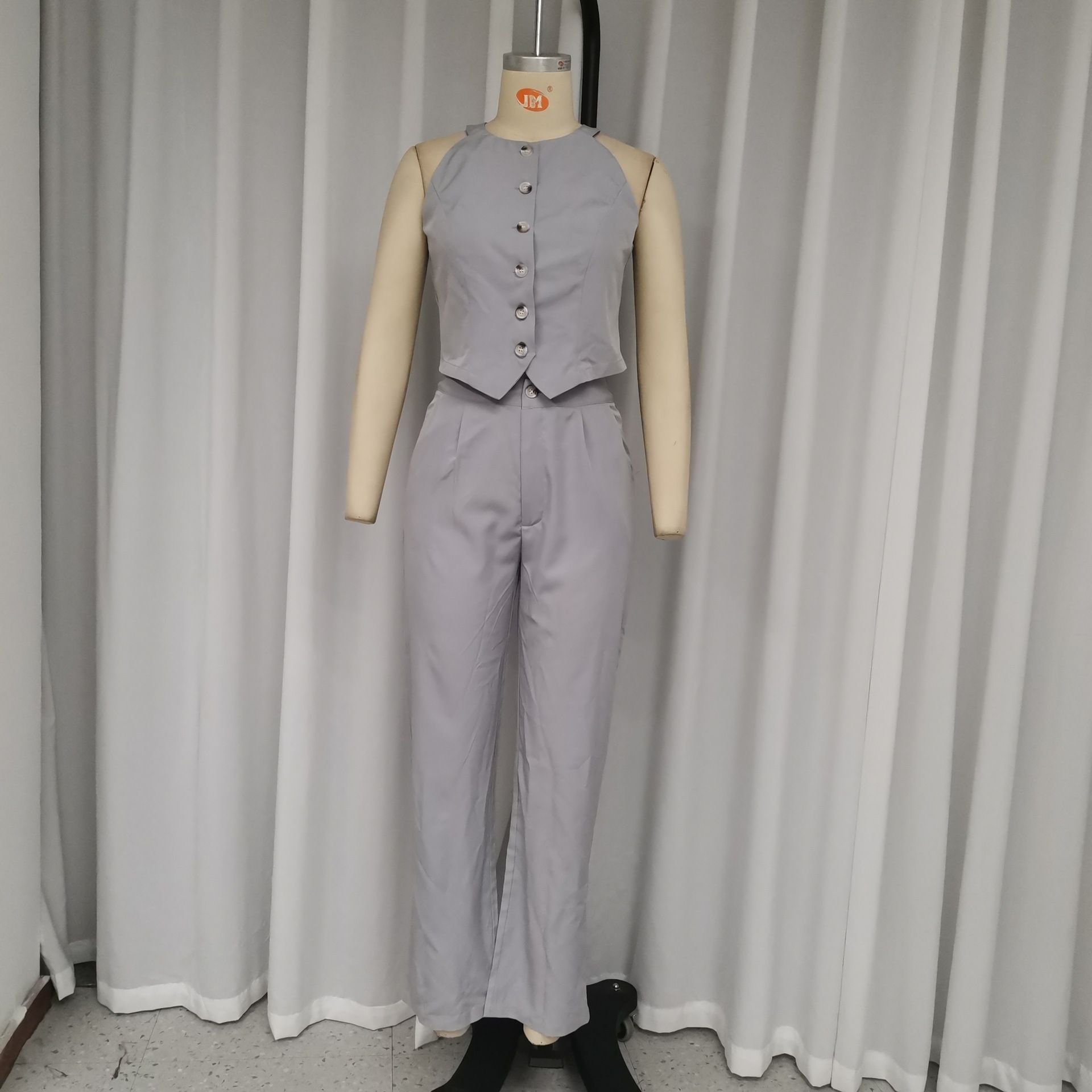 Women Suit Button Sleeveless Top Two Piece Pants