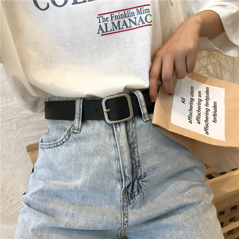 Belt Women's Simple All-match Korean Fashion Student Square Buckle Belt Women's Korean bf Fashionable Trouser Belt Black Casual