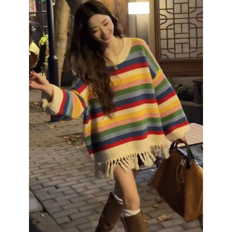 彩虹流苏边法式慵懒风彩色针织条纹上衣女 圆领下摆流苏独特|undefined