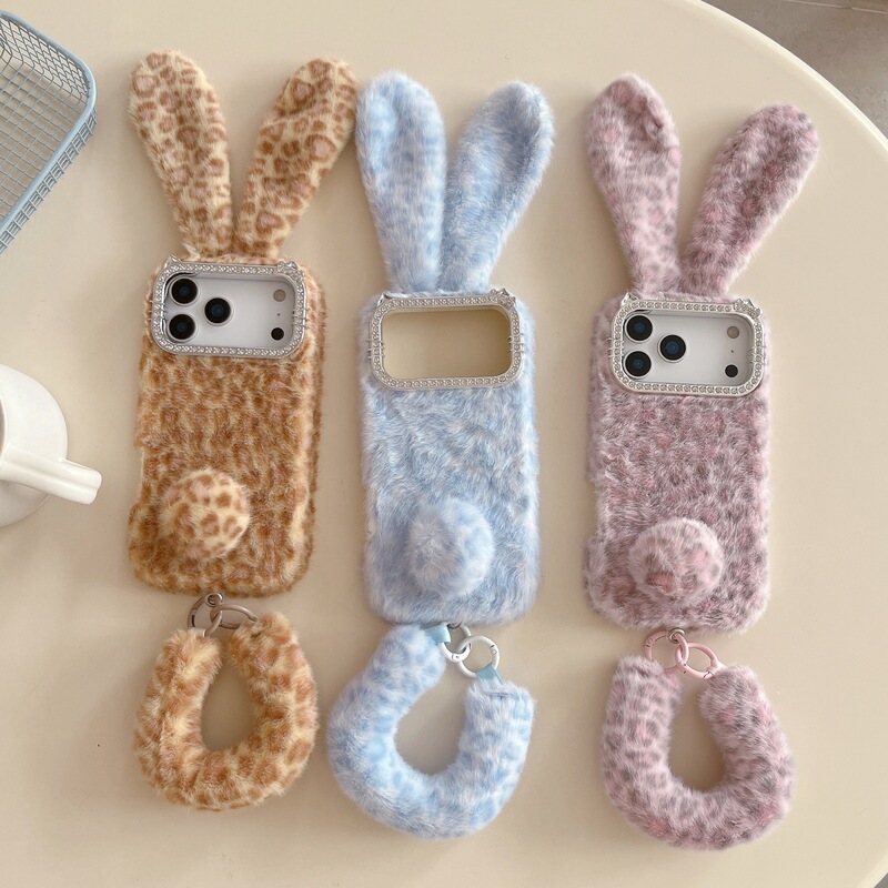 Suitable for Iphone17Promax Leopard Print Rabbit Ears Mobile Phone Case 13 Apple 16 Plush Wrist Rope 15 Diamond Frame