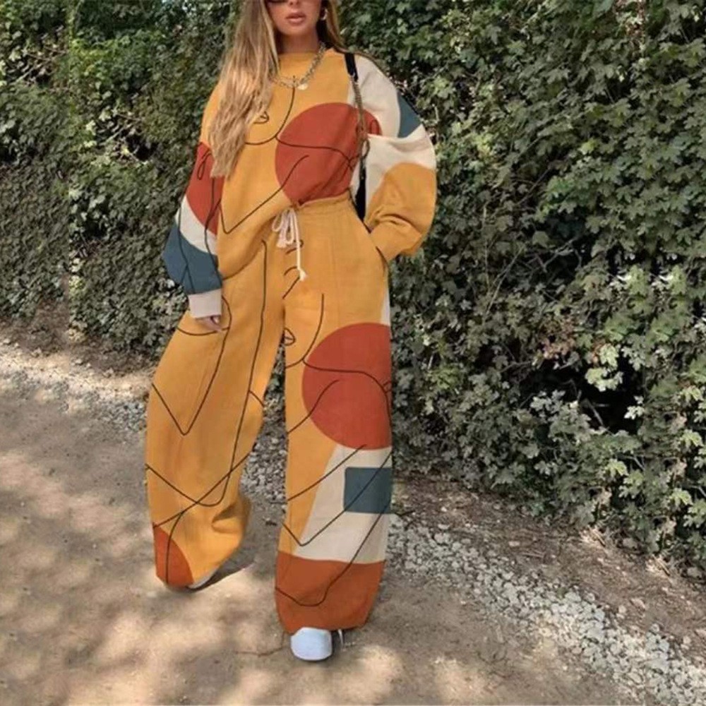 Conjunto de Sudadera Informal con Cuello Redondo y Estampado Holgado para Mujer, Estilo Europeo y Americano, Novedad de Comercio Exterior Transfronterizo para Otoño 2025