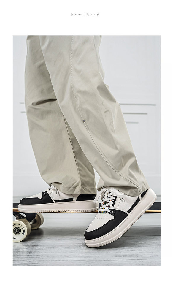Giày sneaker cổ thấp mũi tròn rộng, đế dày tăng chiều cao, mặt da chống nước, dây buộc — Bạch tửu đỏ 8811, Trắng kaki 8811, Trắng đen 8811 chi tiết 8