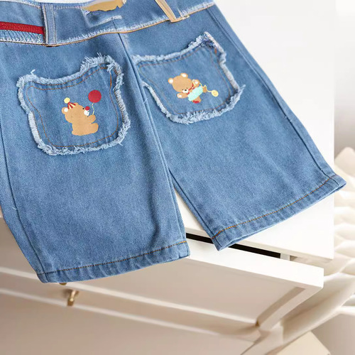 Spring Children's Cartoon Print Teddy Bear 2024 Korean New Style Fashionable and Versatile Wide Leg Straight Through Jeans for Girls 
