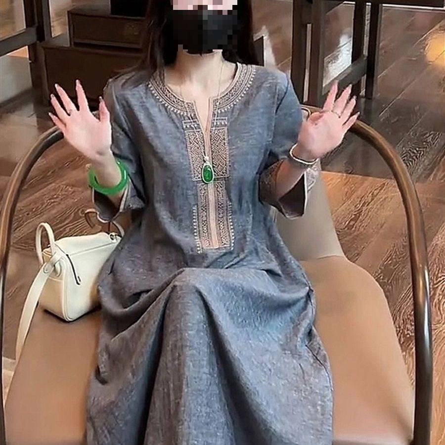 新中式国风印花领连衣裙女2025夏季新款宽松显瘦休闲气质长裙子