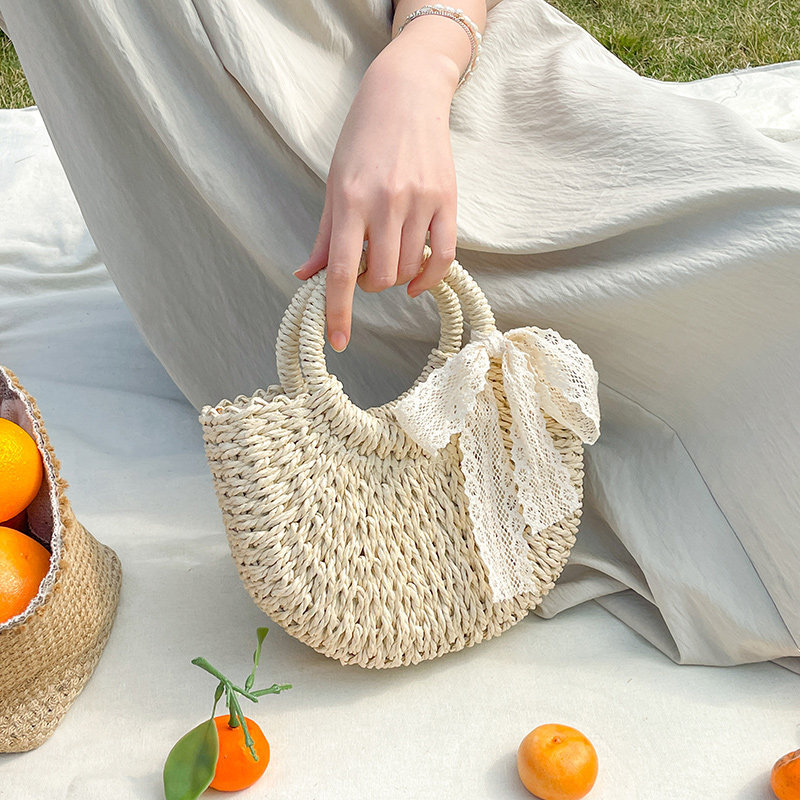 Summer Woven Bag For Women, Niche Design Semi-Circle Straw Bag, Casual Vacation Beach Bag, Handbag & Crossbody Bag - Thumbnail 2