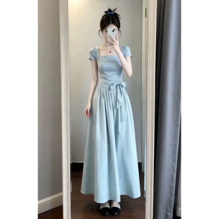 法式蓝色方领连衣裙子女2026新款夏季气质绝美高级感漂亮掐腰长裙