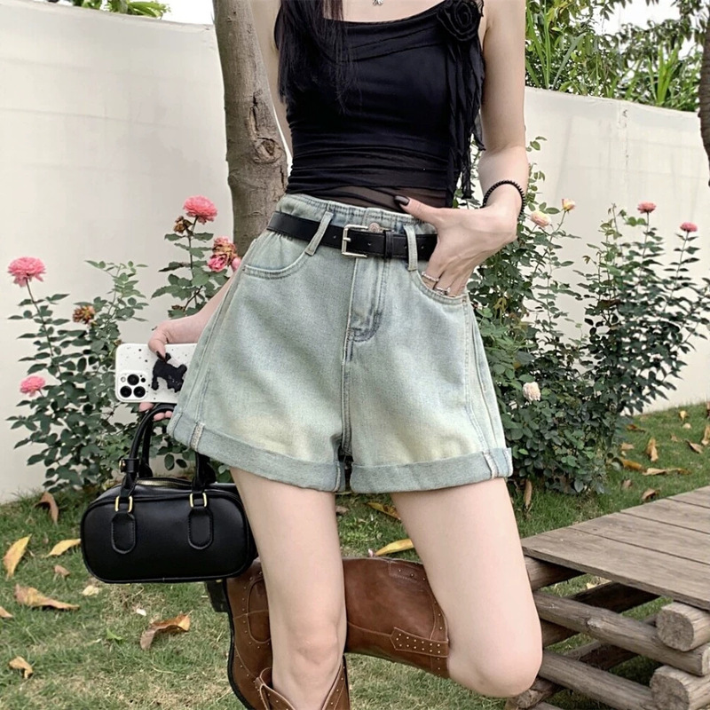 Women's Summer Denim Shorts with Belt, Rolled Hem, Plus Size, Slimming Design, High-Waisted A-Line Wide-Leg Hot Pants Women's Summer Denim Shorts with Belt, Rolled Hem, Plus Size, Slimming Design, High-Waisted A-Line Wide-Leg Hot Pants
