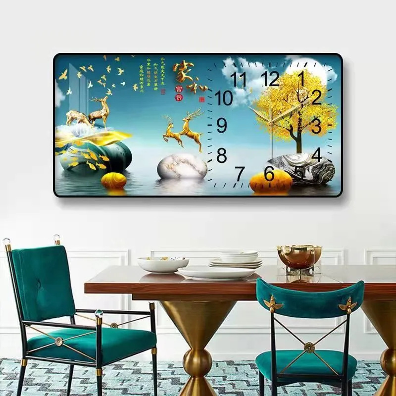 2023 nuevo restaurante pintura decorativa reloj luz comedor de lujo Fondo colgante de pared pintura cálida sala de estar reloj mural de Cristal
