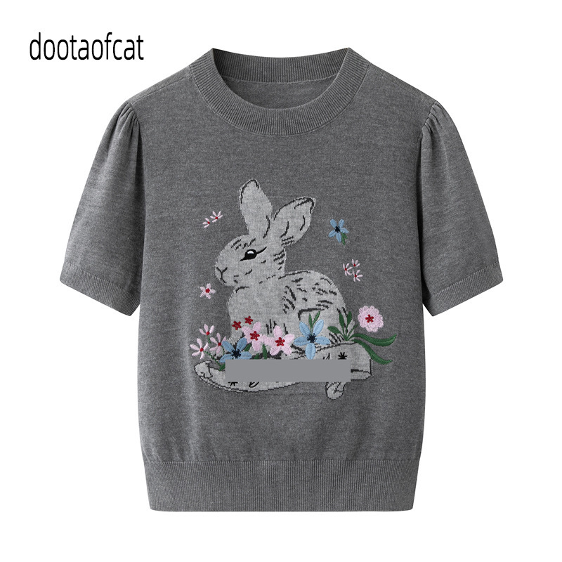 2026 Summer New Women's Cartoon Bunny Jacquard Embroidery Round Neck Age-Reducing Thin Knit Sweater A2S2My108