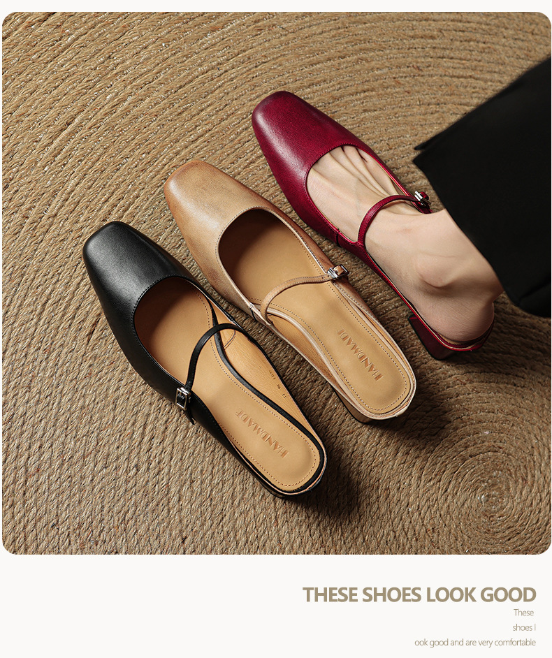 Sandal nữ quai ngang mũi vuông gót 4.5 cm da bò bít mũi hở gót — đen chi tiết 6