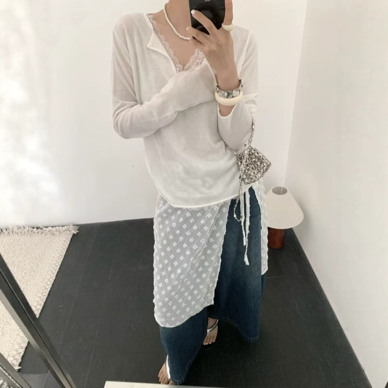 Women's Summer High-End Korean Style Lace Patchwork Knit Sweater, Designer Niche Pullover Long Sleeve Sun Protection Base Shirt Women's Summer High-End Korean Style Lace Patchwork Knit Sweater, Designer Niche Pullover Long Sleeve Sun Protection Base Shirt