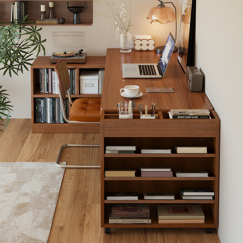 Corner Desk Bookshelf Integrated Table Student Study Desk Bedroom Home Writing Desk Antique Style L-Shaped Computer Desk
