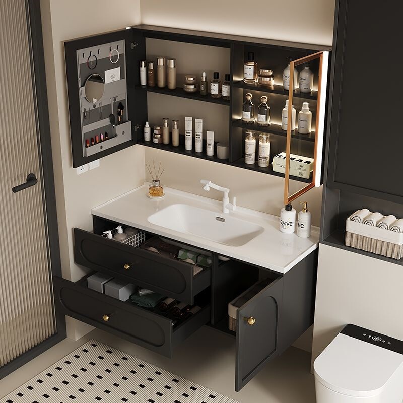 French-Style Cream-Colored Integrated Bathroom Cabinet with Ceramic Smart Washbasin and Sink Set for Bathroom