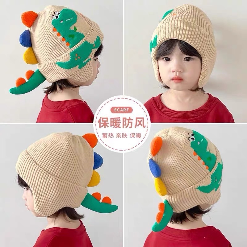 Sombrero de dinosaurio para niños otoño e invierno para niños lindo sombrero de lana de punto súper lindo para niñas protección auditiva a prueba de viento sombrero cálido para bebés