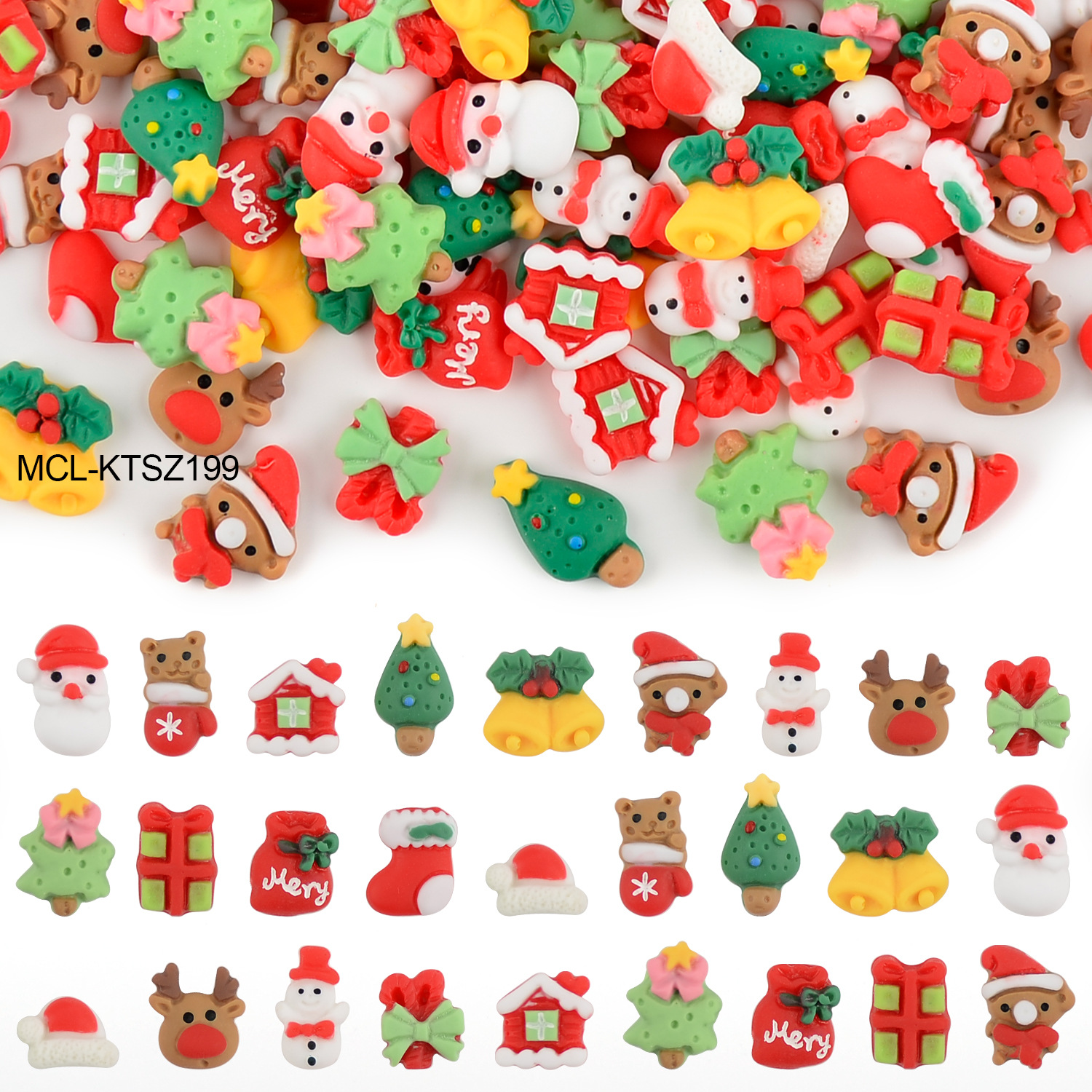 跨境卡通树脂圣诞节美甲饰品可爱雪人圣诞树麋鹿铃铛指甲配件批发