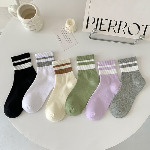 Women's Double Band 6-Color Series Mid-Calf Socks - Thin, Comfortable, Breathable Socks for Slimming Legs and Versatility