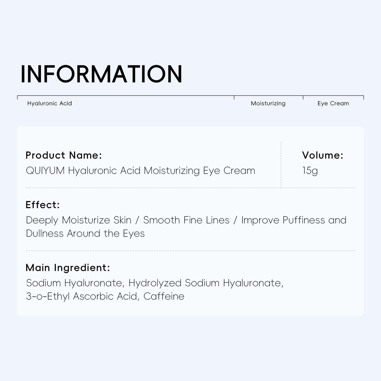 Cross-border QUIYUM Hyaluronic Acid Eye Cream 15g hydrating, moisturizing and brightening skin tone manufacturer's skin care products wholesale undefined