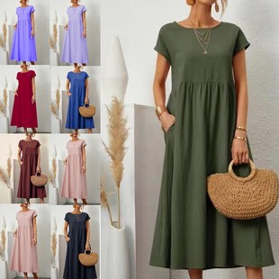 Amazon Aliexpress 202Ebay European and American Pure Color Sleeveless Loose Cotton and Linen Pocket Dress Ready for Sale