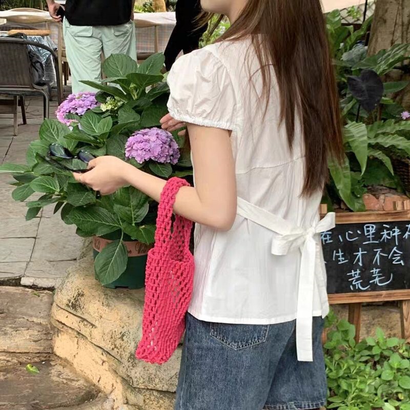 College-Style Sweet Lace-Up White Short-Sleeved Shirt for Women, Summer Lace-Up Waist-Cinching Pure Cotton Shirt with Puff Sleeves