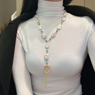 Natural Baroque Pearl Necklace Autumn and Winter Long Sweater Chain Niche High-End Retro Beaded Clavicle Chain Jewelry