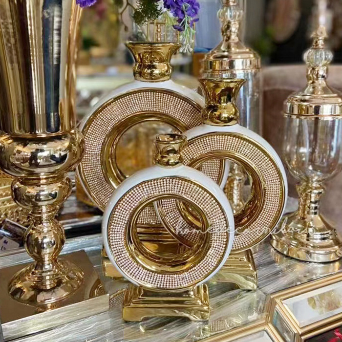 European style electroplated gold brushed ceramic flower arrangement model room living room wedding KTV hotel flower shop vase ornaments