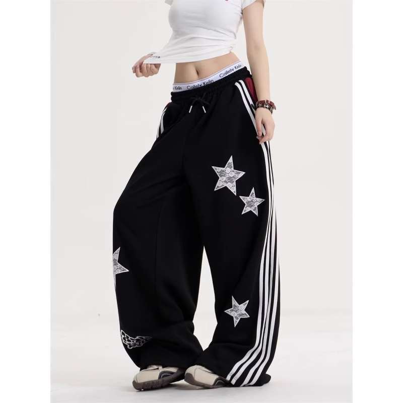 American-Style Star Embroidery Striped Sweatpants for Women and Men, Autumn New Trendy Brand, Loose Casual Versatile Wide-Leg Sports Pants