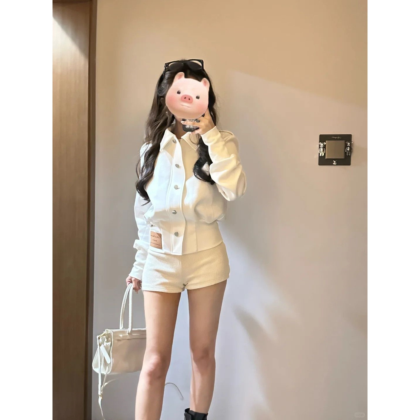 白色单排扣立领长袖外套女秋季新款复古美式宽松开衫休闲气质上衣